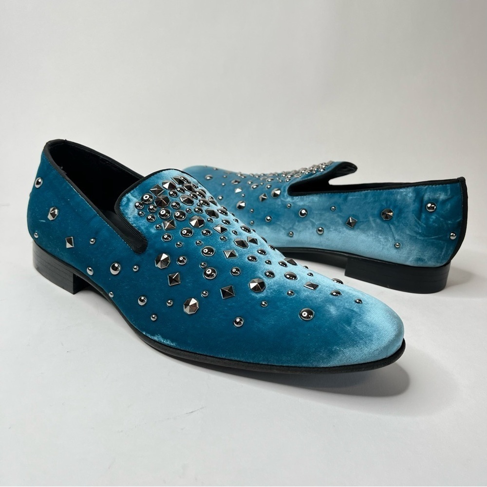NEW DONALD PLINER Spencer Blue Velvet Silver Studded Slip-on Smoking Loafers